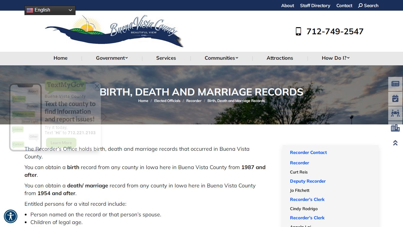 Birth, Death and Marriage Records - Buena Vista County